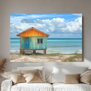 Beach Hut Canvas Wall Art, Tropical Coastal Cabin Print, Oceanfront Bungalow Painting, Bright Seaside Decor, Beach House Wall Art