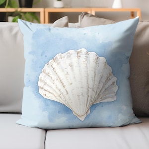 Watercolor White Shell Throw Pillow, Pale Blue Whitewashed Background Cushion, Shell Pillow Cover, Square Pillow Case, Coastal Home Decor