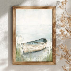 Weathered Rowboat Wall Art, Coastal Lake Framed Canvas, Rustic Water Scene Print, Tranquil Seaside Home Decor, Serene Home Accent