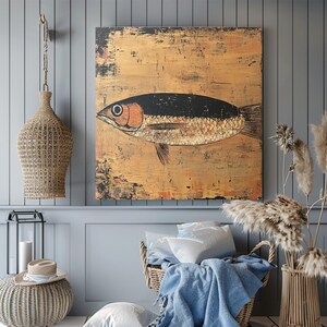 Rustic Sardine Canvas Wall Art, Coastal-Inspired Marine Life Prints, Nautical Fish Artwork Beach House Decor, Fishing Wall Hanging Art image 5