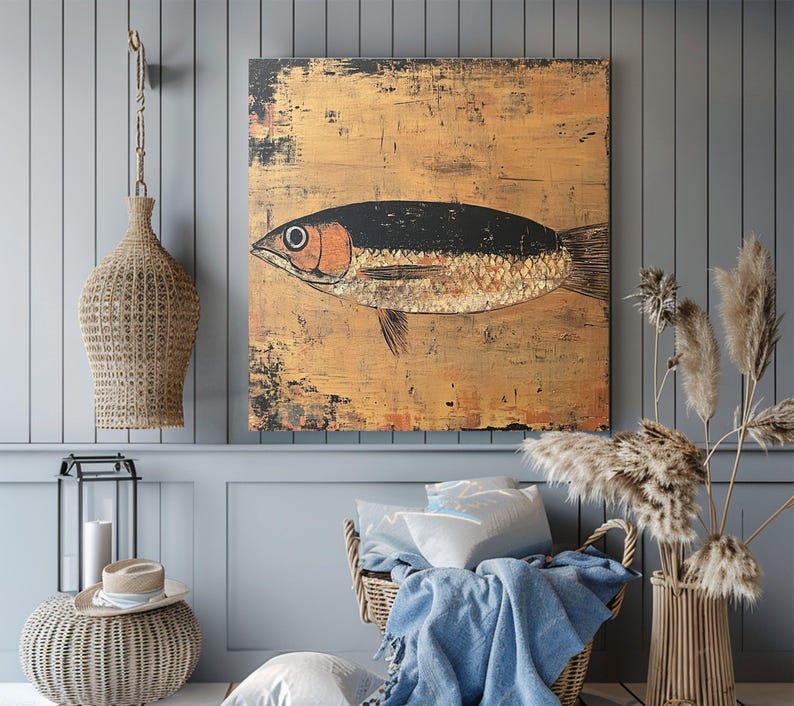 Rustic Sardine Canvas Wall Art, Coastal-Inspired Marine Life Prints, Nautical Fish Artwork Beach House Decor, Fishing Wall Hanging Art image 5