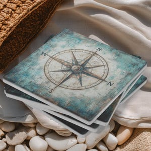 Rustic Compass Rose Coasters Set of 4, Coastal Home Accent Stone Coasters, Nautical Drink Pads, Vintage Sea Table Decor, Ocean Lover Gift