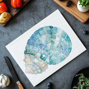 Watercolor Seashell Glass Cutting Board, Ocean Blue Tempered Glass Kitchen Art,Beach House Coastal Decor, Sea Life Serving Tray Kitchen Gift