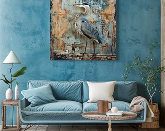 Weathered Rustic Blue Heron Canvas Wall Art Prints, Coastal Beach House Wall Decor, Distressed Coastal Art, Great Blue Heron Wall Art,