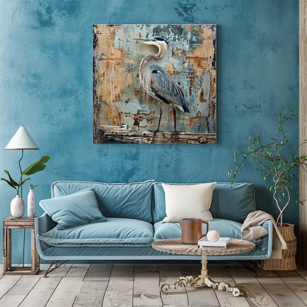 Weathered Rustic Blue Heron Canvas Wall Art Prints, Coastal Beach House Wall Decor, Distressed Coastal Art, Great Blue Heron Wall Art,