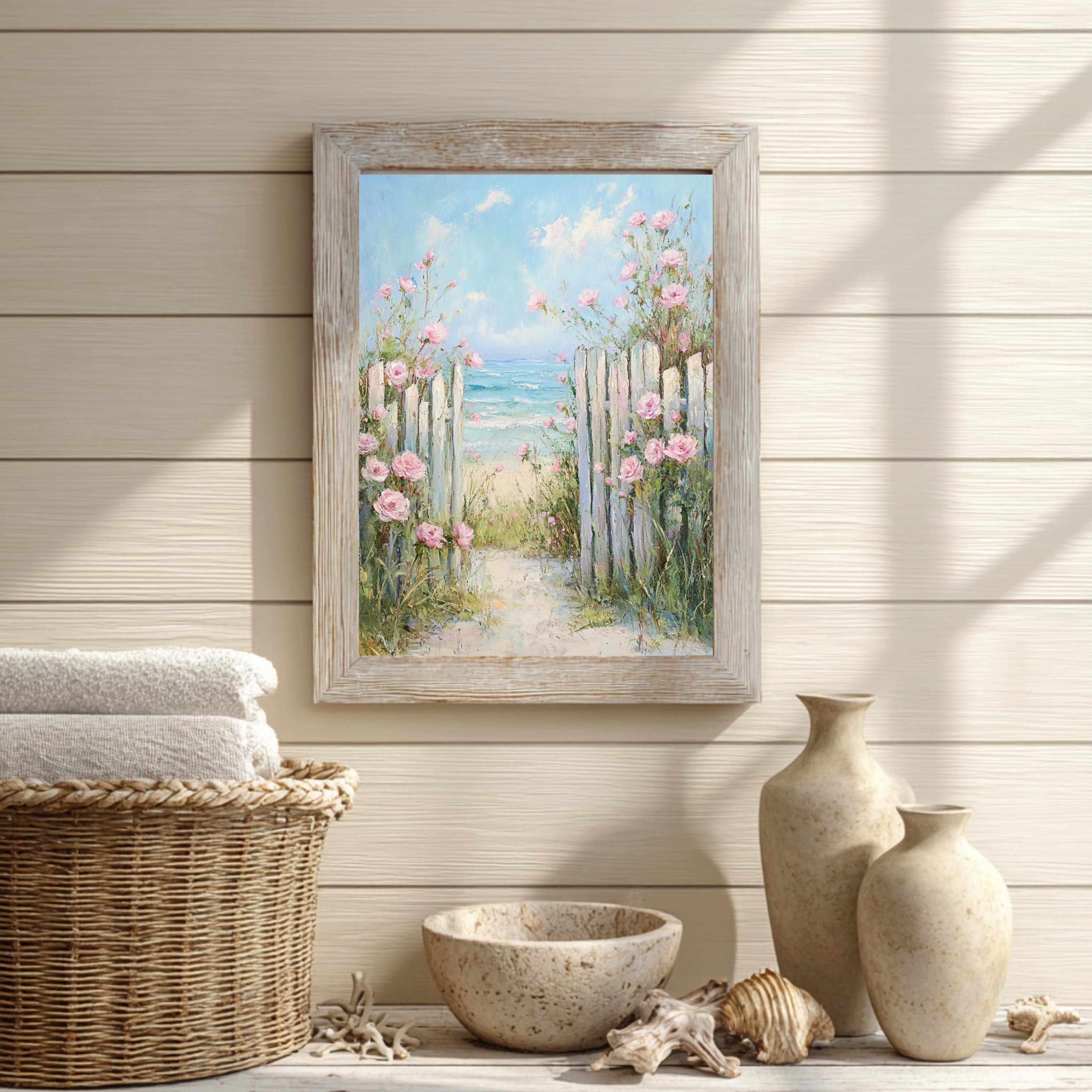 Rose Garden Beach Path Wall Art, Floral Seaside Framed Canvas, Romantic ...