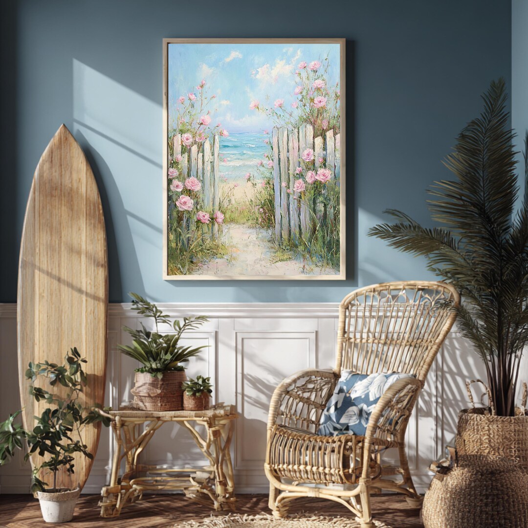 Rose Garden Beach Path Wall Art, Floral Seaside Framed Canvas, Romantic ...