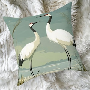 Coastal Cranes Pillow, Beach Birds Living Room Decor, Coastal Wildlife Cushion, Heron Bird Printed Throw Pillow, Nautical Gift Idea
