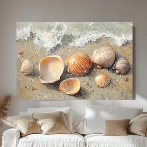 Seashell Canvas Wall Art, Serene Nature Painting, Ocean Shoreline Decor, Coastal Shell Beach Print, Beach House Accent