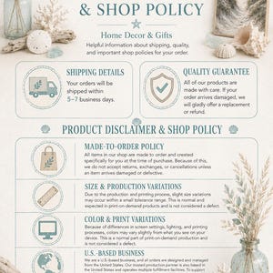 The image is a shipping and shop policy document for a coastal wall art and decor business. It provides information about the company's policies for shipping details and product disclaimer, as well as their product order and shop policy.