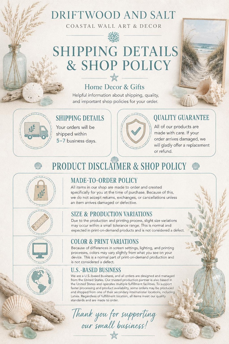 The image is a shipping and shop policy document for a coastal wall art and decor business. It provides information about the company's policies for shipping details and product disclaimer, as well as their product order and shop policy.