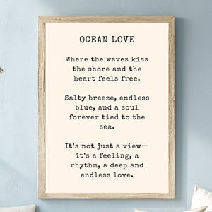 Ocean Love Wooden Framed Canvas Art with Quote, Coastal Wall Décor, Beach House Quote Print, Nautical Home Decor, Ocean-Inspired Canvas
