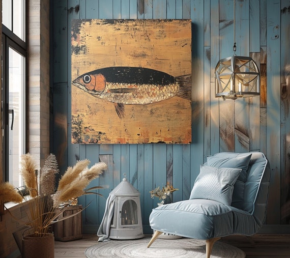 Rustic Sardine Canvas Wall Art, Coastal-Inspired Marine Life Prints, Nautical Fish Artwork Beach House Decor, Fishing Wall Hanging Art