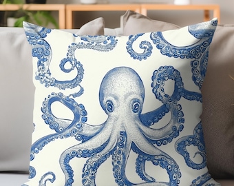 Octopus Print Pillow, Blue Ink Ocean Cushion Cover, Nautical Sea Life Throw Pillow, Coastal Beach House Decor, Marine Animal Accent