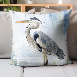 Watercolor Heron Pillow Cover, Pale Blue Whitewashed Background, Coastal Bird Throw Pillow, Square Pillow Case, Beach House Decor