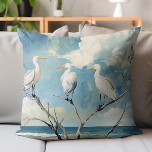 Elegant Shorebird Pillow, Coastal Heron Cushion Cover, Seaside Art Throw Pillow, Beach House Decor, Ocean Inspired Pillow