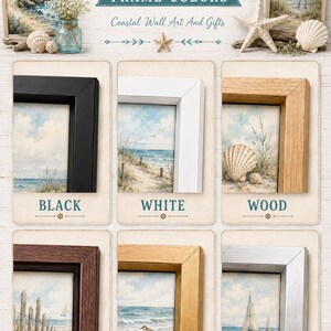The image is a collage of six framed canvas paintings, each with a different frame color, arranged in a grid format. The paintings depict various coastal scenes, including a lighthouse, a bird, a sailboat, and a beach. The frame colors are black, white, wood, gold, and silver.