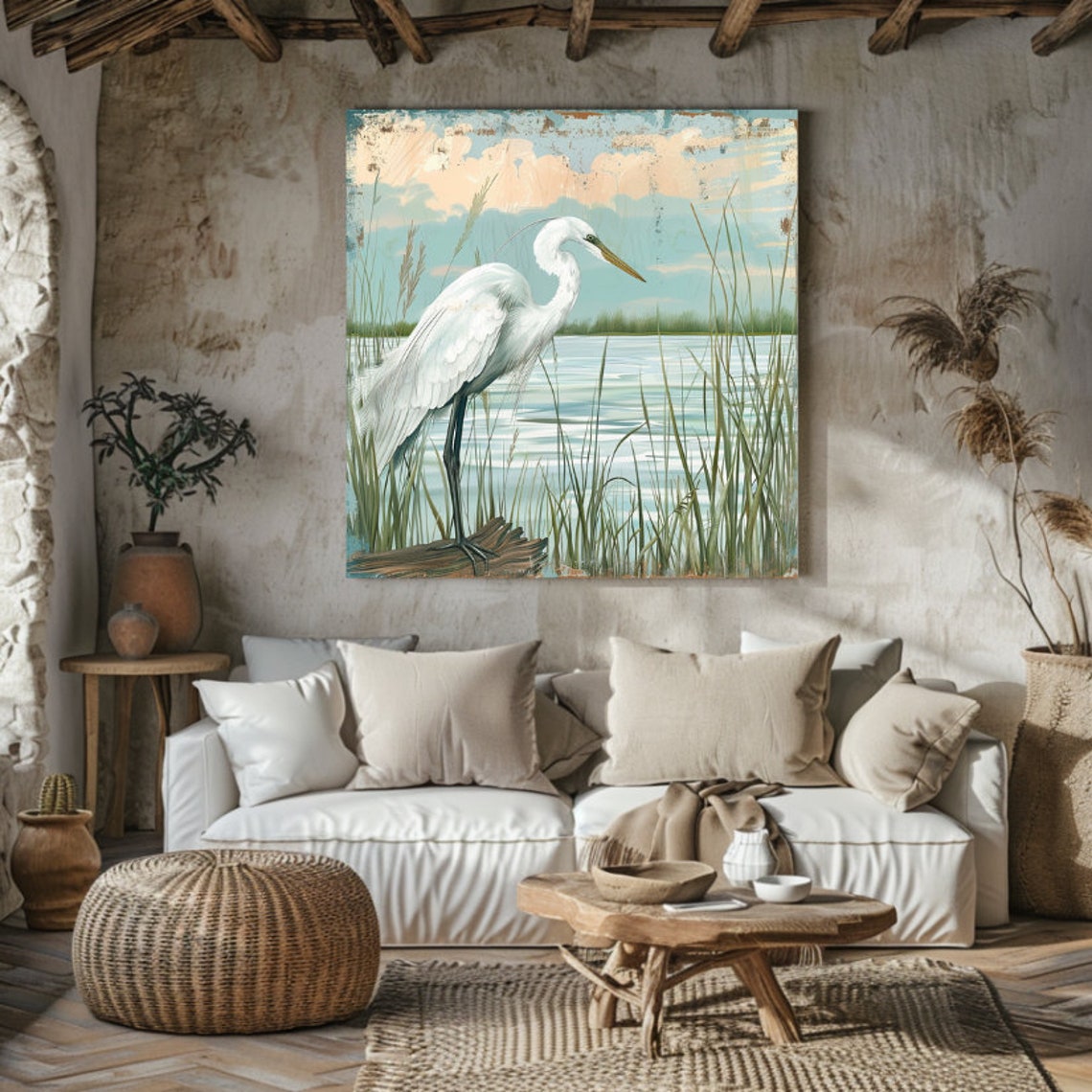 White Egret Coastal Canvas Wall Art, Nautical Wall Art, Large Nature ...