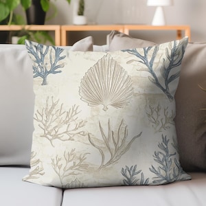 Vintage Coral Print Pillow, Coastal Botanical Cushion, Seaweed Inspired Throw Pillow, Nautical Beach Home Decor