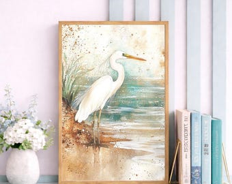 Coastal Egret Bird Shoreline Wall Decor, Coastal Beach Bathroom Art Canvas, Large Framed Coastal Bird Print, Neutral Beach House Wall Art