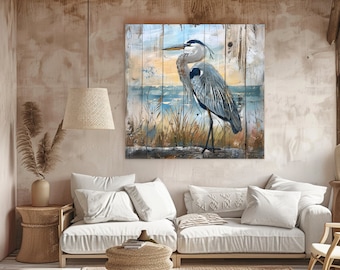 Arte mural en lienzo con garza en la orilla, arte mural desgastado, decoración de madera, decoración de playa, decoración de casa de playa, impresión grande.
