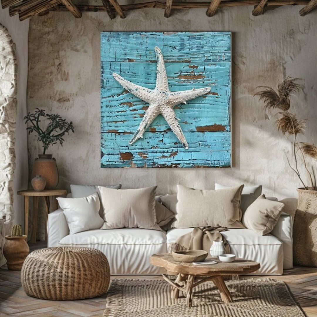 Curated visual reference: Visual Reference: Distressed White Starfish Canvas Wall Art Prints Aqua Weathered Wood