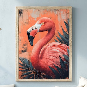 Tropical Coastal Flamingo Wooden Framed Canvas Art, Vibrant Pink Flamingo Beach Decor, Coastal Tropical Wall Art, Boho Flamingo Print