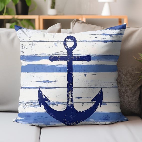 Nautical Anchor Pillow Cover, Coastal-inspired Cushion, Blue