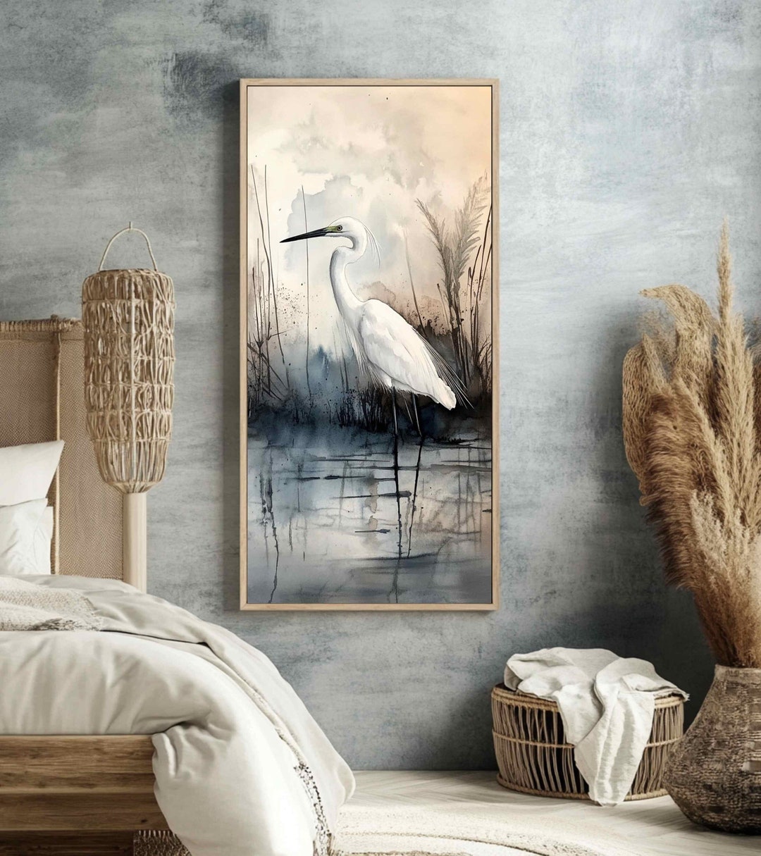White Egret at Marshes Tall Canvas Art, Vertical Narrow Watercolor ...