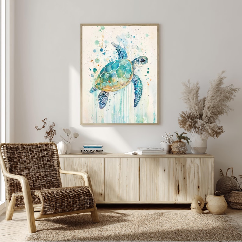 Watercolor Sea Turtle Wall Art, Coastal Sea Life Print, Ocean Wildlife Painting Canvas, Beach House Marine Decor, Turtle Lover Gift image 3