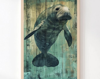 Manatee Wall Art, Coastal Sea Life Canvas, Gentle Ocean Animal Painting, Nautical Rustic Decor, Best Gift for Beach and Nature Lovers