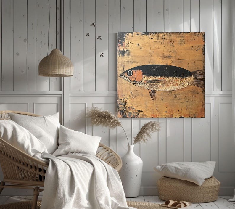 Rustic Sardine Canvas Wall Art, Coastal-Inspired Marine Life Prints, Nautical Fish Artwork Beach House Decor, Fishing Wall Hanging Art image 4