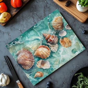 Cutting Board Coastal Shell Design, Ocean-Inspired Countertop Kitchen Decor, Tempered Glass Chopping Board, Serving Tray Kitchen Essentials