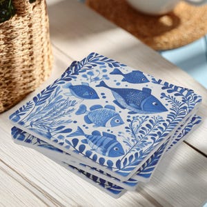 Set of 4 Blue Fish Coasters, Nautical Ocean Decor, Square Stone Coaster Set, Coastal Home Coasters, Gift for Beach House Lovers