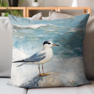 Seagull Pillow, Coastal Ocean Cushion Cover, Bird on Rock Beach Throw Pillow, Nautical Seaside Decor, Beach House Accent