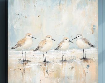 May include: A square canvas wall art piece featuring four sandpipers standing in a row on a sandy beach. The birds have light brown and white feathers with thin black beaks and legs. The background is a soft, abstract wash of pale blue and beige.