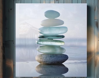 Zen Stacked Beach Glass Canvas Art, Tranquil Coastal Wall Decor, Minimalist Zen Stones Print, Meditation Room Wall Art