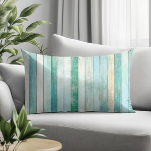 Coastal Striped Lumbar Pillow, Aqua Blue Beach House Cushion, Nautical Sofa Accent Pillow, Seaside Throw Pillowcase, Ocean Style Pillow