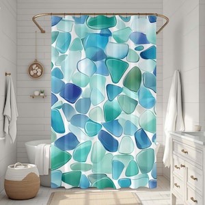 Strand Stein Badezimmer Dekor, Meerglas Duschvorhang 71x74, Ocean Gem inspiriert Druck, Aquamarin Türkis Grün Blau Muster