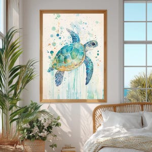 Watercolor Sea Turtle Wall Art, Coastal Sea Life Print, Ocean Wildlife Painting Canvas, Beach House Marine Decor, Turtle Lover Gift image 5