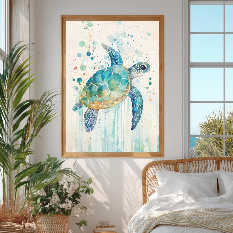 Watercolor Sea Turtle Wall Art, Coastal Sea Life Print, Ocean Wildlife Painting Canvas, Beach House Marine Decor, Turtle Lover Gift image 5