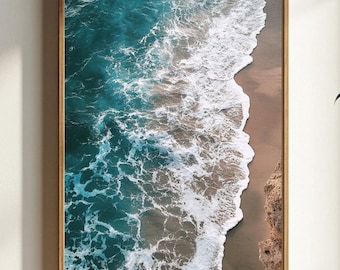Ocean Shore Canvas Art, Modern Coastal Wall Decor Vertical Narrow Print,  Beach-Themed Framed Art,  Seaside Interior Design, Ocean Wall Art