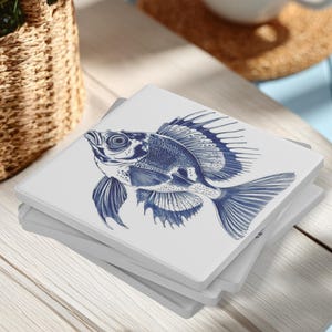 Set of 4 Ocean Fish Coasters, Coastal Marine Inspired Decor, Square Stone Coaster Set, Modern Beach House Coasters, Gift for Sea Life Lovers