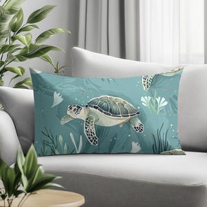 Sea Turtle Lumbar Pillow, Coastal Ocean Turtle Cushion, Underwater Marine Life Accent, Aquatic Nature Pillowcase, Beach House Decor