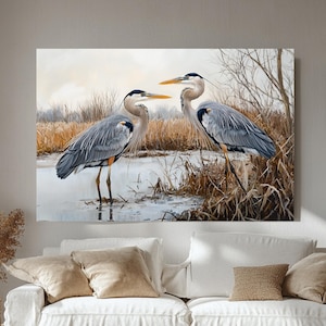 Reiherpaar Leinwand Wandkunst, rustikaler Sumpfvogel Druck, Sumpfgebiet Landschaftsdekor, ruhige Wildtier Malerei, Landhaus Akzent