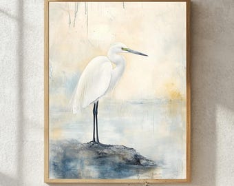 White Egret Wall Art, Coastal Bird Canvas Print, Minimalist Marsh Landscape Decor, Elegant Heron Nature Home Accent, Wooden Framed Canvas