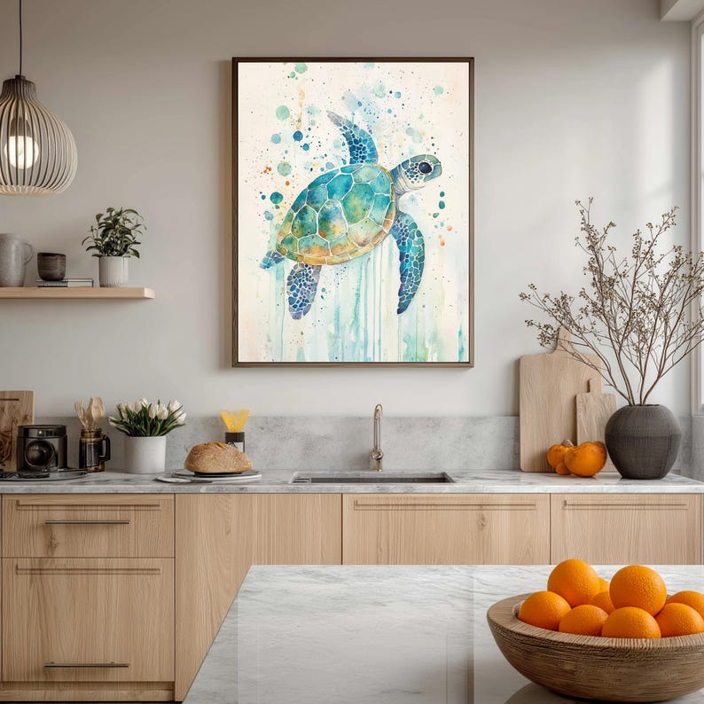 Watercolor Sea Turtle Wall Art, Coastal Sea Life Print, Ocean Wildlife Painting Canvas, Beach House Marine Decor, Turtle Lover Gift image 4