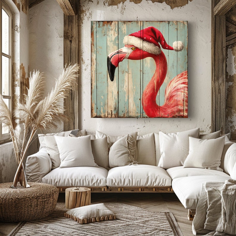 Christmas Beach Flamingo Wall Art, Nautical Wall Art, Extra Large Wall