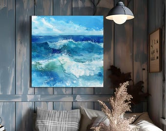 Aqua Watercolor Ocean Waves Canvas Wall Art Prints, Beautiful Blue Stormy Sea Waves Art, Nautical Wall Print, Above Bed Decor Wall Hanging