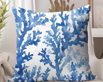 Funda de almohada con estampado de coral en acuarela, cojín decorativo costero, cojín para casa de playa, almohadas náuticas para sala de estar, regalo para amantes del océano.